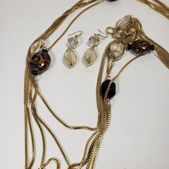 Layered Beaded Gold tone Long Necklace W/ matching Earrings - Women Jewelry - Picture 9 of 11